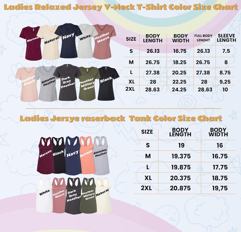 Puede incluir: Tabla de tallas para camisetas de cuello en V y tanques de espalda de nadador para mujeres. La tabla muestra la longitud del cuerpo, el ancho del cuerpo, la longitud total del cuerpo y la longitud de la manga para cada talla. Los colores disponibles para las camisetas son burdeos, natural, azul marino, blanco, morado jaspeado, melocot&oacute;n jaspeado, jaspeado atl&eacute;tico, jaspeado gris oscuro, verde militar y negro. Los colores disponibles para los tanques son burdeos, negro, azul marino, puesta de sol, jaspeado atl&eacute;tico, blanco, morado jaspeado, jaspeado gris oscuro, verde militar y natural.