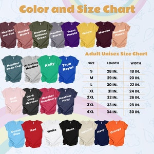 Puede incluir: Tabla de colores y tallas para camisetas unisex para adultos. La tabla muestra 20 colores diferentes de camisetas, incluyendo marr&oacute;n jaspeado, malva jaspeado, verde militar jaspeado, gris jaspeado, morado equipo, amarillo, marr&oacute;n, melocot&oacute;n jaspeado, azul oscuro jaspeado, jaspeado atl&eacute;tico, kelly, azul real, rosa suave, gris oscuro jaspeado, frambuesa jaspeado, azul marino jaspeado, azul oc&eacute;ano, rojo, blanco, negro, natural, azul marino y naranja. La tabla tambi&eacute;n incluye una tabla de tallas con medidas en pulgadas para las tallas S, M, L, XL, 2XL, 3XL y 4XL.
