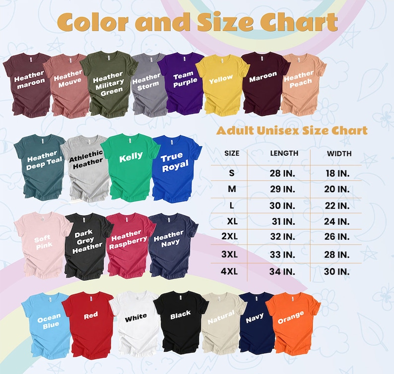 Puede incluir: Tabla de colores y tallas para camisetas unisex para adultos. La tabla muestra 20 colores diferentes de camisetas, incluyendo marr&oacute;n jaspeado, malva jaspeado, verde militar jaspeado, gris jaspeado, morado equipo, amarillo, marr&oacute;n, melocot&oacute;n jaspeado, azul oscuro jaspeado, jaspeado atl&eacute;tico, kelly, azul real, rosa suave, gris oscuro jaspeado, frambuesa jaspeado, azul marino jaspeado, azul oc&eacute;ano, rojo, blanco, negro, natural, azul marino y naranja. La tabla tambi&eacute;n incluye una tabla de tallas con medidas en pulgadas para las tallas S, M, L, XL, 2XL, 3XL y 4XL.