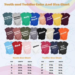 Puede incluir: Tabla de colores y tallas para camisetas de ni&ntilde;os y beb&eacute;s. La tabla muestra 18 colores diferentes de camisetas, incluyendo Heather Deep Teal, Athletic Heather, Kelly Green, True Royal, Heather Peach, Team Purple, Yellow, Maroon, Heather Maroon, Heather Mouve, Heather Military Green, Heather Storm, Black, Natural, Navy, Orange, Ocean Blue, Red, Soft Pink, White, Heather Raspberry, Heather Navy y Dark Grey Heather. La tabla tambi&eacute;n incluye informaci&oacute;n sobre el tama&ntilde;o y las medidas para las tallas de ni&ntilde;os y beb&eacute;s.
