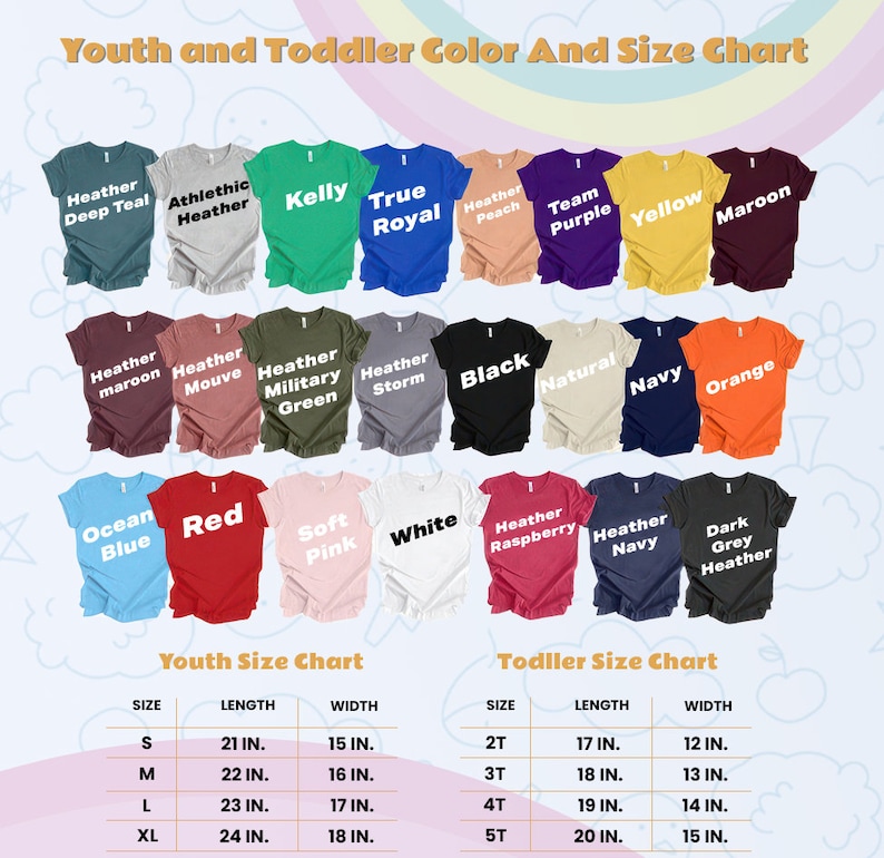 Puede incluir: Tabla de colores y tallas para camisetas de ni&ntilde;os y beb&eacute;s. La tabla muestra 18 colores diferentes de camisetas, incluyendo Heather Deep Teal, Athletic Heather, Kelly Green, True Royal, Heather Peach, Team Purple, Yellow, Maroon, Heather Maroon, Heather Mouve, Heather Military Green, Heather Storm, Black, Natural, Navy, Orange, Ocean Blue, Red, Soft Pink, White, Heather Raspberry, Heather Navy y Dark Grey Heather. La tabla tambi&eacute;n incluye informaci&oacute;n sobre el tama&ntilde;o y las medidas para las tallas de ni&ntilde;os y beb&eacute;s.