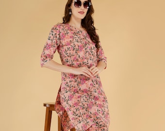 Women Cotton Kurta Pant Set, Pink Floral Printed Co Ord Set, Indian Lounge Wear Set, Boho Kurti Pants Outfit, Casual Summer Wear Women