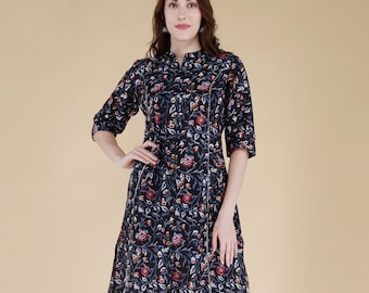 Women’s Floral Cotton Kurti Top – Black Printed Indian Tunic Kurta for Women, Casual Boho Ethnic Wear, Summer Long Kurti Blouse Gift