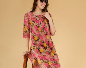 Pink Floral Cotton Kurta Pant Set for Women, Indian Co Ord Set, Block Print Lounge Wear, Boho Summer Outfit, Casual Cotton Ethnic Set