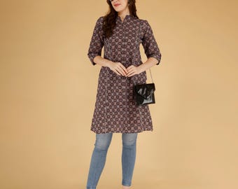 Hand Block Printed Cotton Kurti, Jaipur Floral Tunic Top, Boho Ethnic Wear