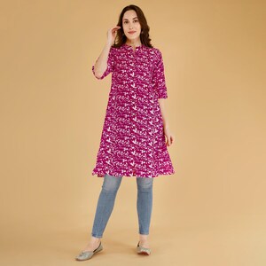 Hand Block Printed Cotton Tunic: Pink Floral Bohemian Kurti