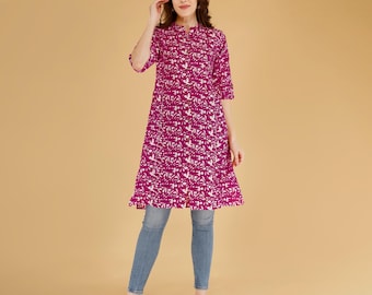 Kurti rosa estampado para mujer con vaqueros / Túnica étnica informal / Vestido kurta indio /
