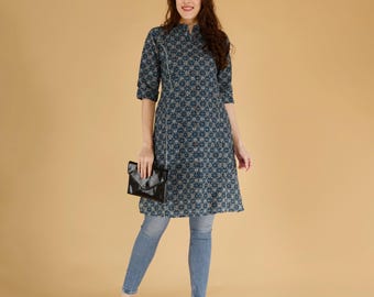 Printed Cotton Kurti Top, Indigo Ethnic Tunic, Boho Indian Style, Casual Office Wear