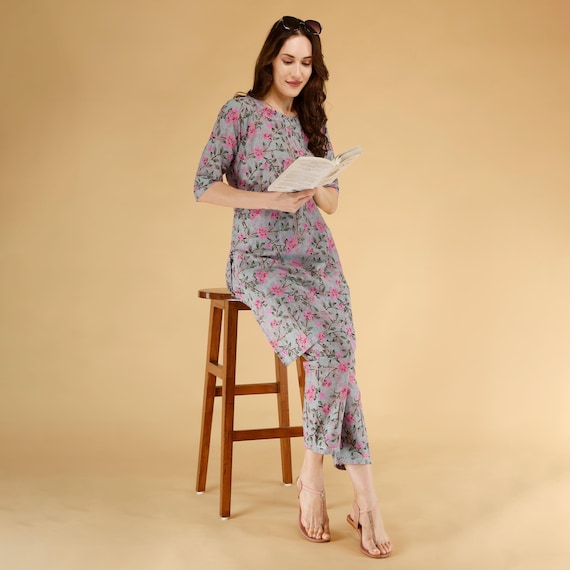 Women Cotton Floral Kurti Pant Set, Grey Pink Printed Lounge Set, Summer Cotton Co-Ord Set, Casual Pajama Set, Plus Size Sleepwear