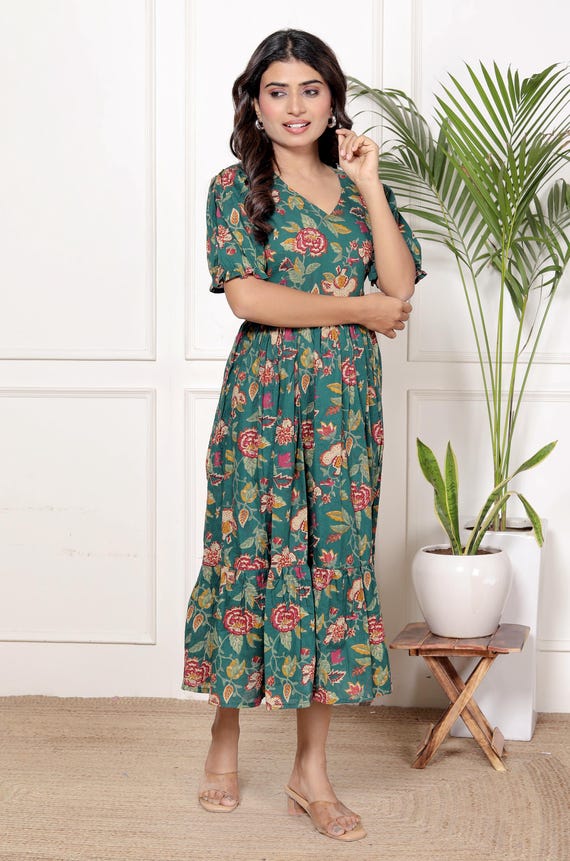 Women's Cotton Floral Midi Dress | Green Boho Maxi Dress | Cottagecore Summer Dress | Puff Sleeve Vintage Style Dress Women's Cotton Floral Midi Dress | Green Boho Maxi Dress | Cottagecore Summer Dress | Puff Sleeve Vintage Style Dress