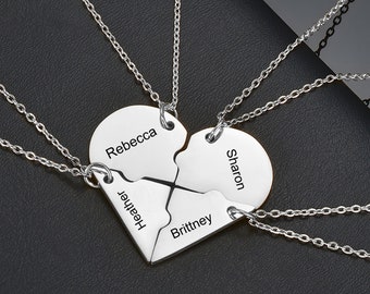 4 Sisters Friends Custom Four Names Heart Shape Puzzle Pendant Necklace Fashion Clavicle Chain, Personalized Christmas Gift for Four People