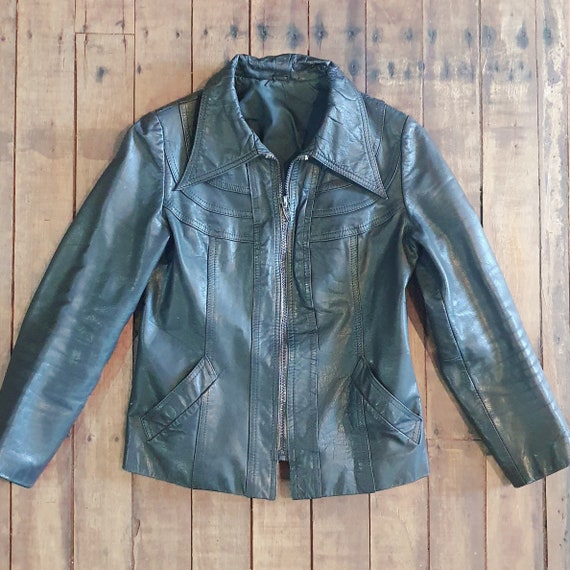 Vintage 1970s Black Leather Jacket With Dagger Collar, Front
