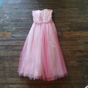 Vintage Pink Tulle Prom Dress: 1940s Strapless Corset Gown (Sz XS-S)