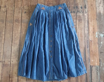 Vintage German Denim Maxi Skirt with Leather Accents and Pockets. 26" waist.