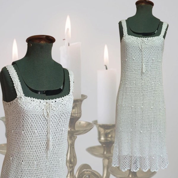 Vintage 70s white cotton crochet dress with tie bust and slip. Size XS-S