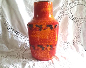 Vintage MCM West German Orange & Black Fat Lava vase by Walter Gerhards. 22cm
