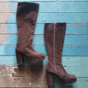 Vintage 90s Chocolate Brown Suede Platform Knee High Boots - Size 7US 38EU 5UK. Made in Australia