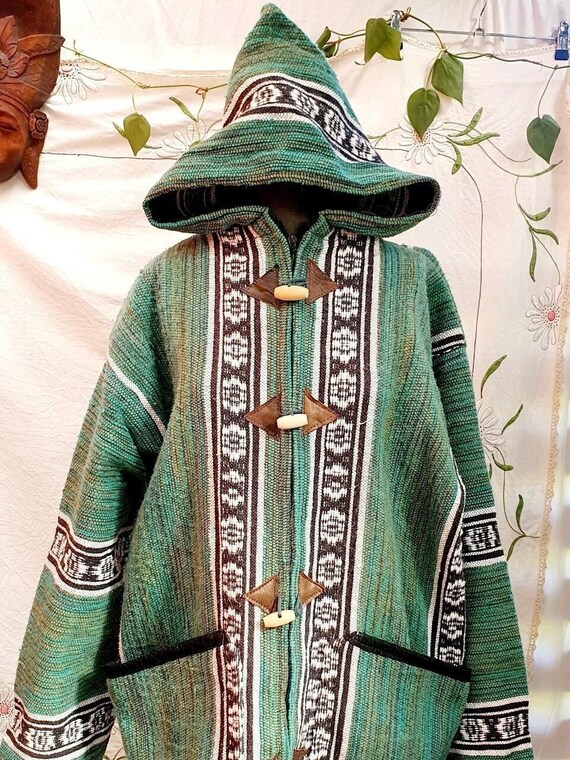 Vintage Green Mexican Wool Blanket Coat With Hood. Size L Etsy