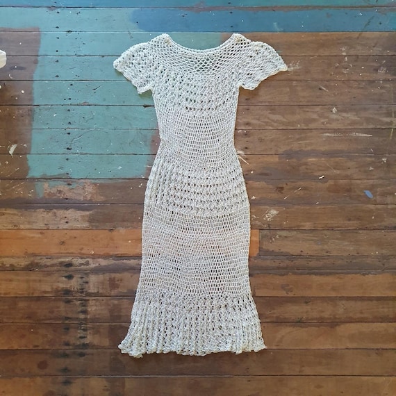Vintage 70s Ethereal Crochet Dress, Silvery White Silky Thread, Size XS-S