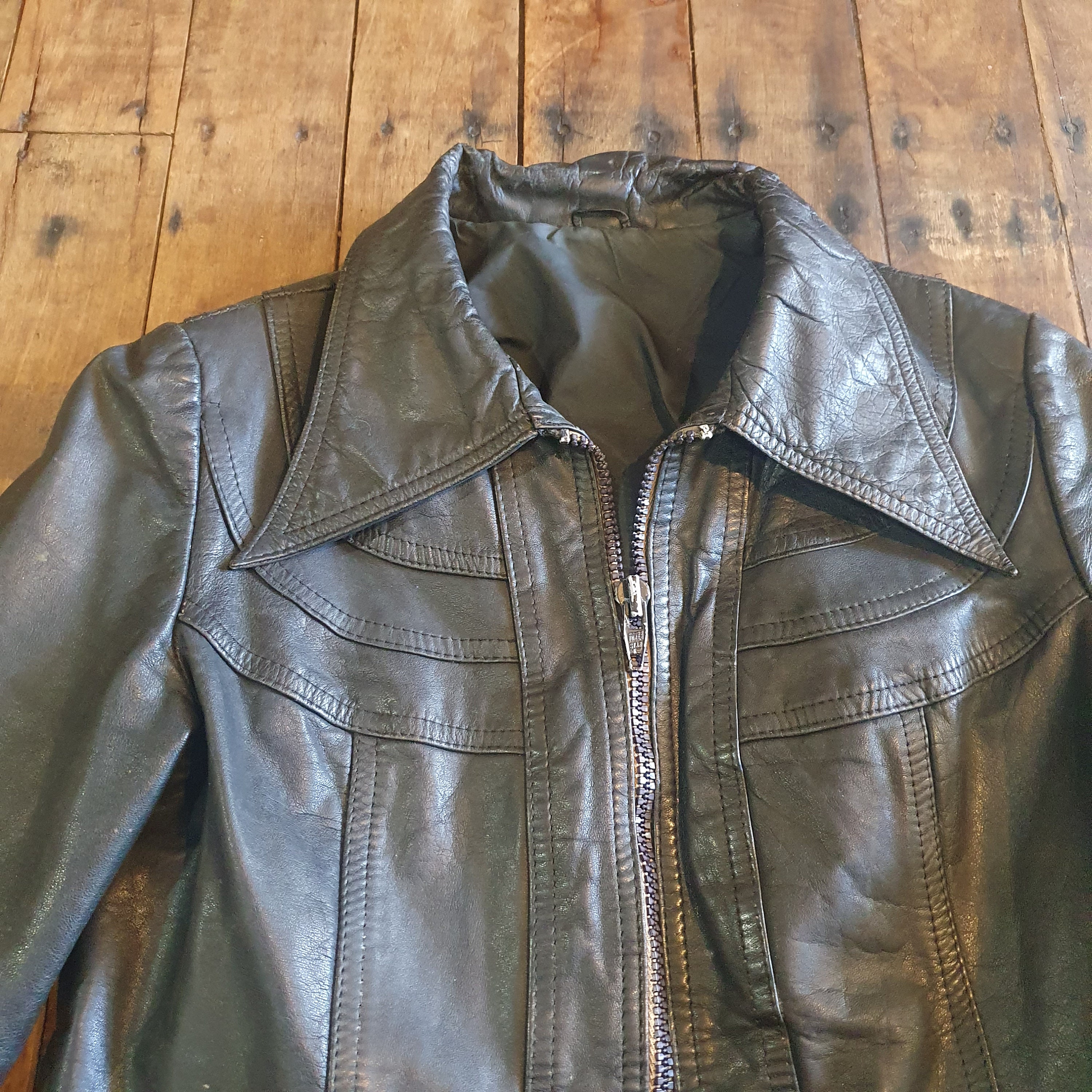 Vintage 1970s Black Leather Jacket With Dagger Collar, Front