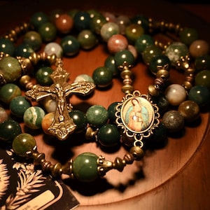 Antique Our Lady of Guadalupe Indian Agate 10mm Bronze Elastic Handmade Rosary