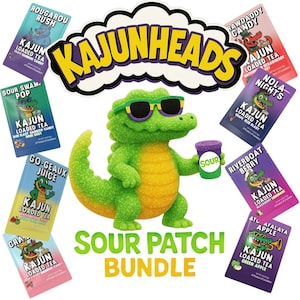 May include: A green alligator wearing sunglasses holds a purple cup labeled "SOUR" in this image. The text "KAJUNHEADS" is above the alligator, and "SOUR PATCH BUNDLE" is below. Several packets of "KAJUN LOADED TEA" candy are also visible.