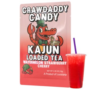 May include: A package of Crawdaddy Candy Cajun Loaded Tea in watermelon, strawberry, and cherry flavors. The package features a cartoon alligator with a top hat and bow tie. A clear plastic cup filled with a red slushy drink and a purple straw is next to the package.