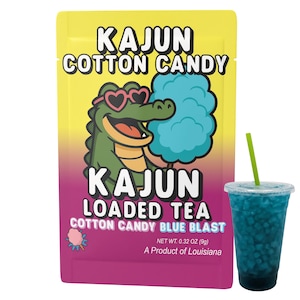 May include: A package of Kajun Cotton Candy Loaded Tea with a cartoon alligator wearing heart-shaped sunglasses. A blue drink with a green straw is next to the package. The package reads "Cotton Candy Blue Blast."
