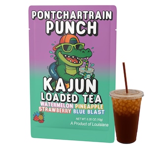 May include: A pouch of Pontchartrain Punch Cajun Loaded Tea with a cartoon alligator wearing sunglasses and a hat. The pouch is purple and green with the flavors watermelon, pineapple, strawberry, and blue blast. A clear cup of tea with a straw is next to the pouch.