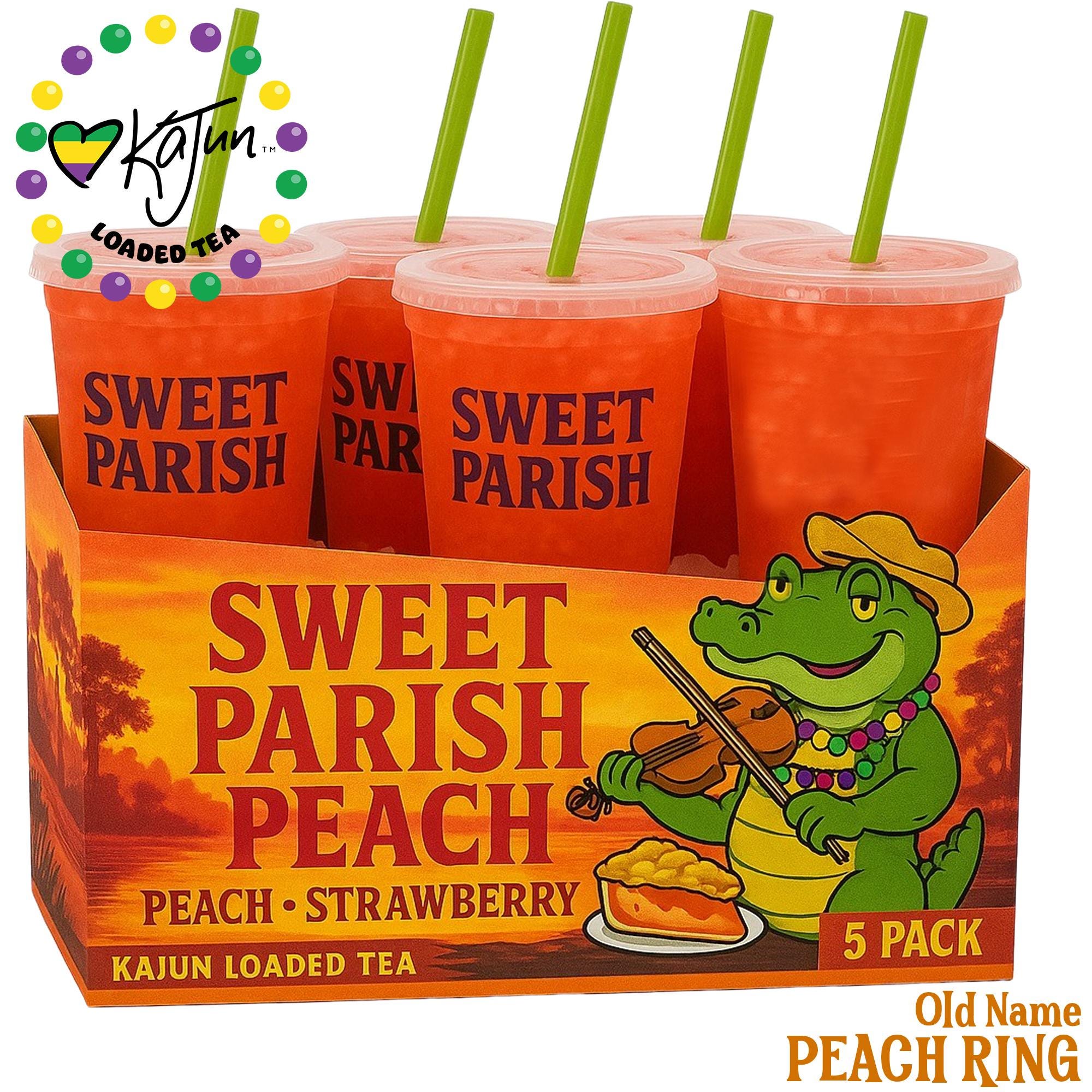 Kajun Loaded Tea - Sweet Parish Peach - Peach Ring - 5 Pack Herbal Energy Tea, PEACH STRAWBERRY Lit Tea, Mega Tea Bomb