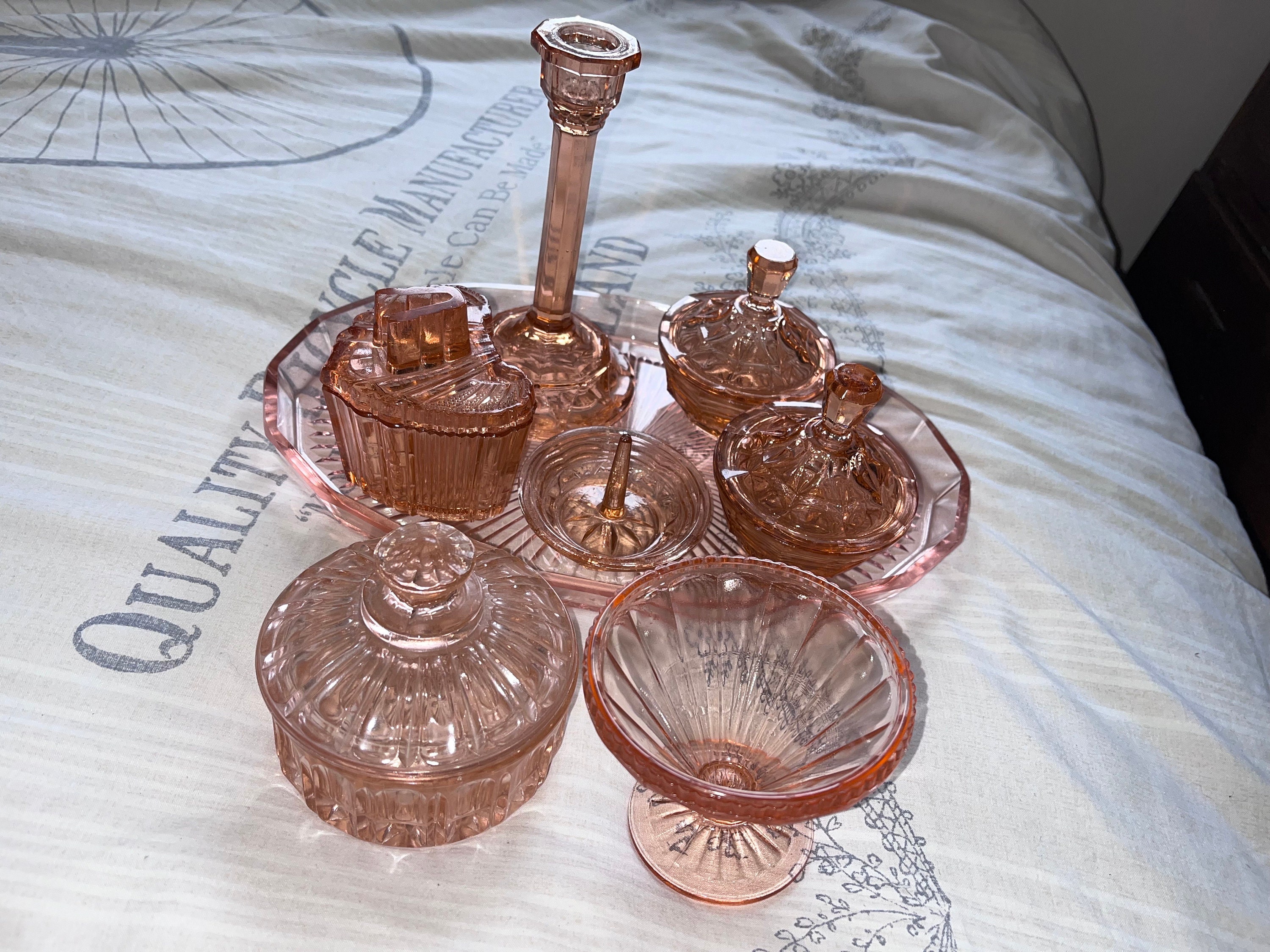 Pink Glass Dressing Table 8 Piece Vanity Set 1920's/1930's Art
