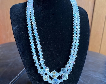 Art Deco Aurora Borealis Crystal Beaded Necklace, Double Strand