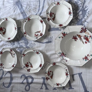 Juego de cuencos Royal Venton Ware de John Stevenson & Son Ltd, cuenco grande para servir y 6 cuencos pequeños, diseño floral de flores rojas