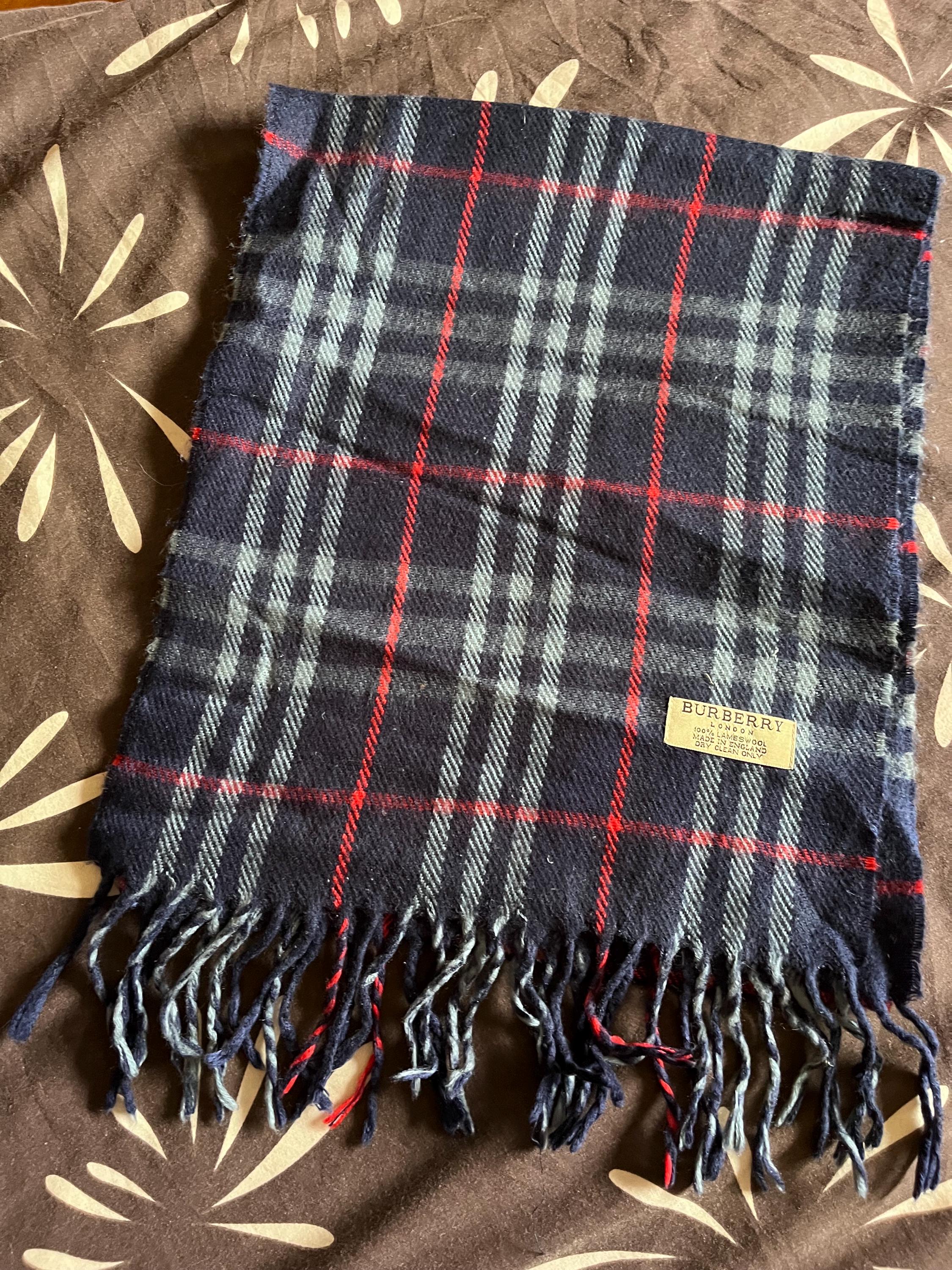 Vintage Burberry London Lambswool Scarf, Navy Blue Tartan, Made in