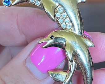Broche Dauphin Métal Doré Rosé Avec Strass - Neuf Sans Emballage