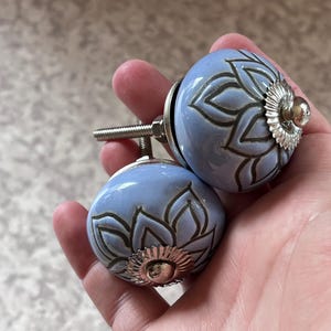 Pair of Handmade Teal Ceramic Knob: Embossed Floral Cabinet Drawer Pull