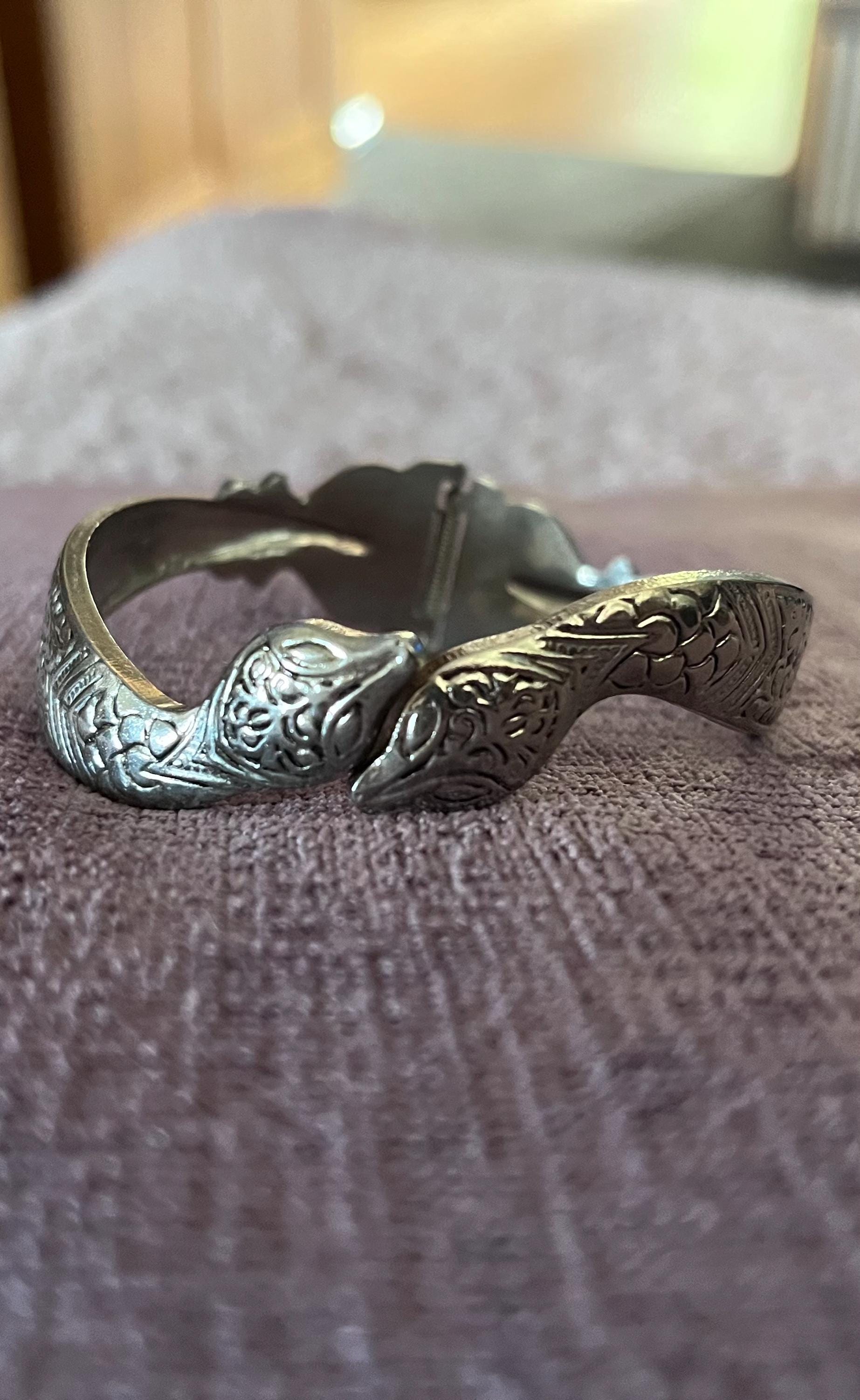Vintage Art Deco Snake Bangle, Silver Tone Serpent Clamper