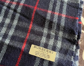 Vintage Burberry London Lambswool Scarf, Navy Blue Tartan, Made in