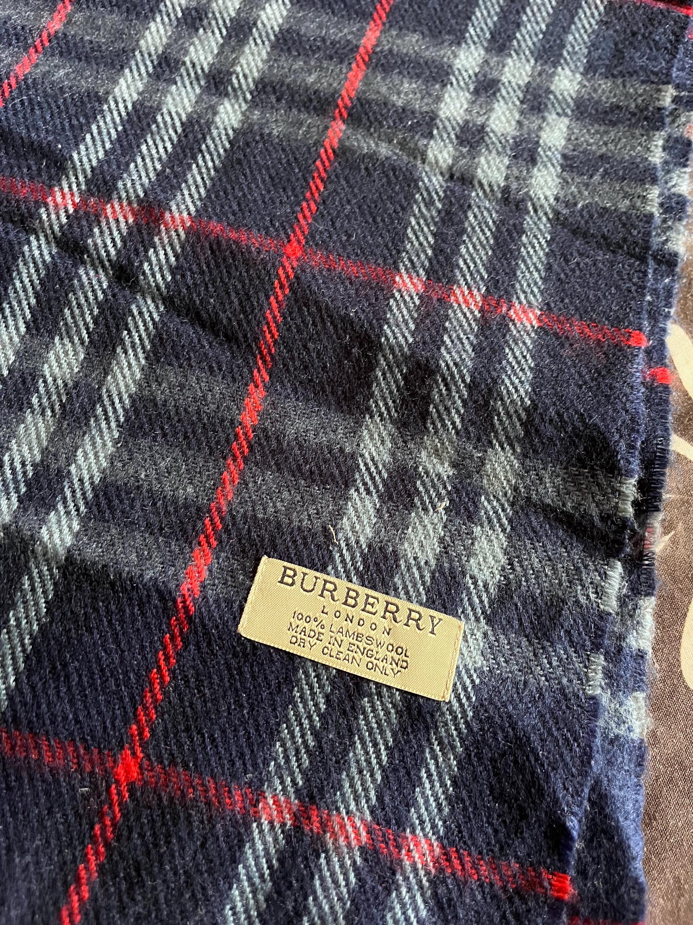 Vintage Burberry London Lambswool Scarf, Navy Blue Tartan, Made in
