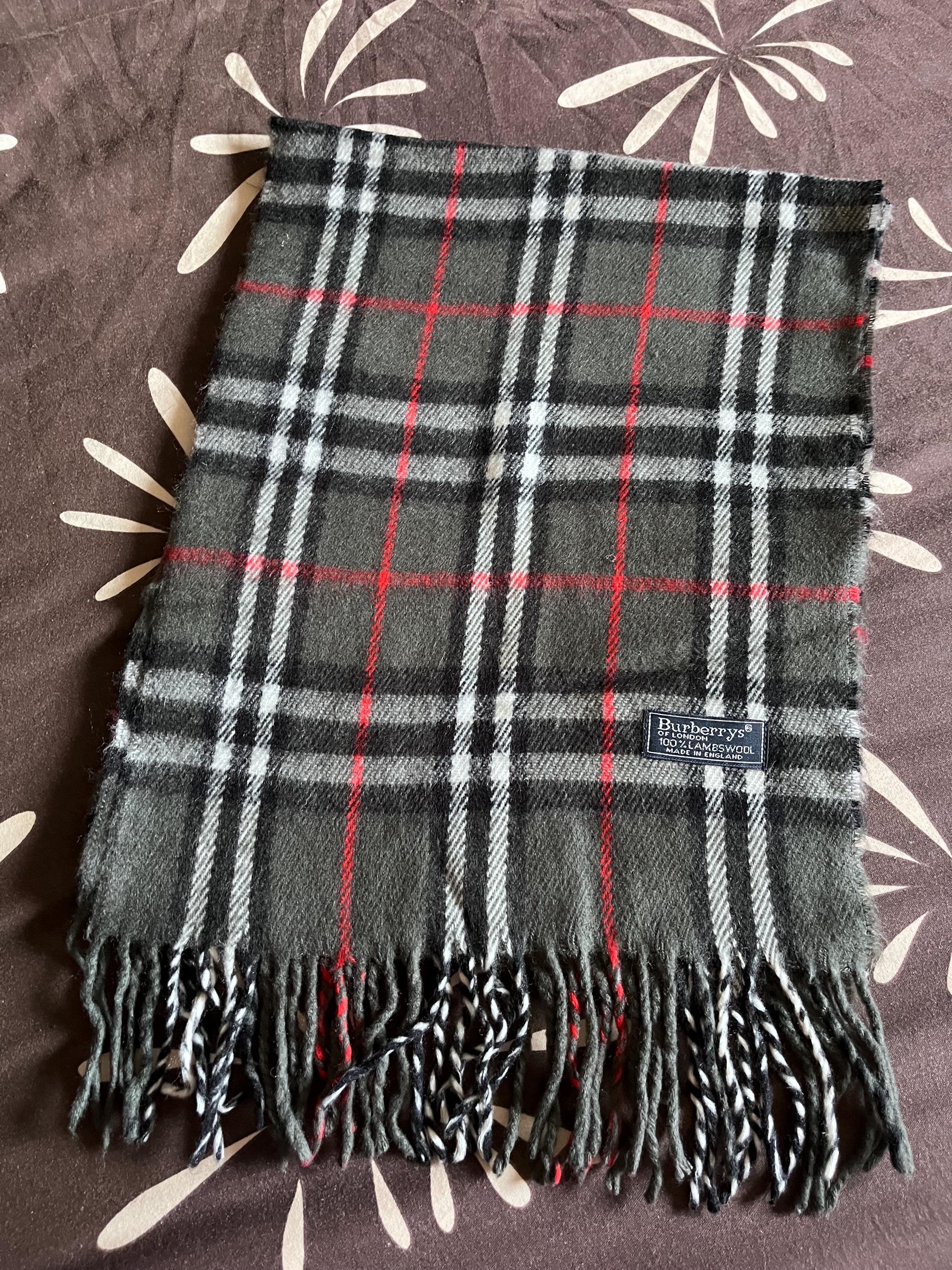 Vintage Burberrys Lambswool Scarf, Grey Tartan, Made in England