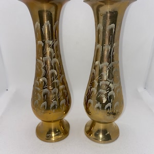 2 X Brass Ornate Vases Etched 8 Inches Shiny