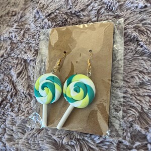 handmade dangling earrings lolly pop green yellow white unique rare one of a kind