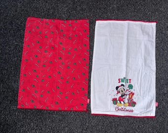 Two vintage Disney Mickey Mouse tea towels, Christmas festive holidays seasonal decor