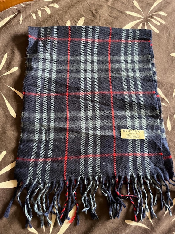 Vintage Burberry London Lambswool Scarf, Navy Blue Tartan, Made in