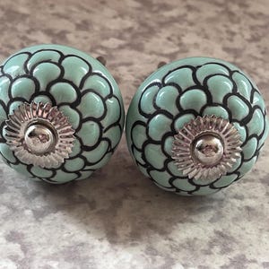 May include: Two round ceramic cabinet knobs featuring a light mint green base colour with a dark black scalloped or fish scale pattern. Each knob is centred with a circular, metallic silver-toned decorative plate with a ridged, sunburst edge.