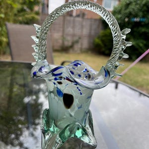 Vintage Murano Glass Basket/Bon Bon Dish Clear Glass Handle Splatter pattern