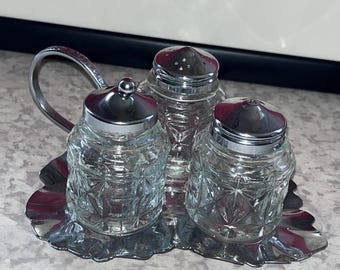 Vintage Chrome Plated cruet set leaf shape tray with handle 3 pots salt pepper mustard no spoon silver tone
