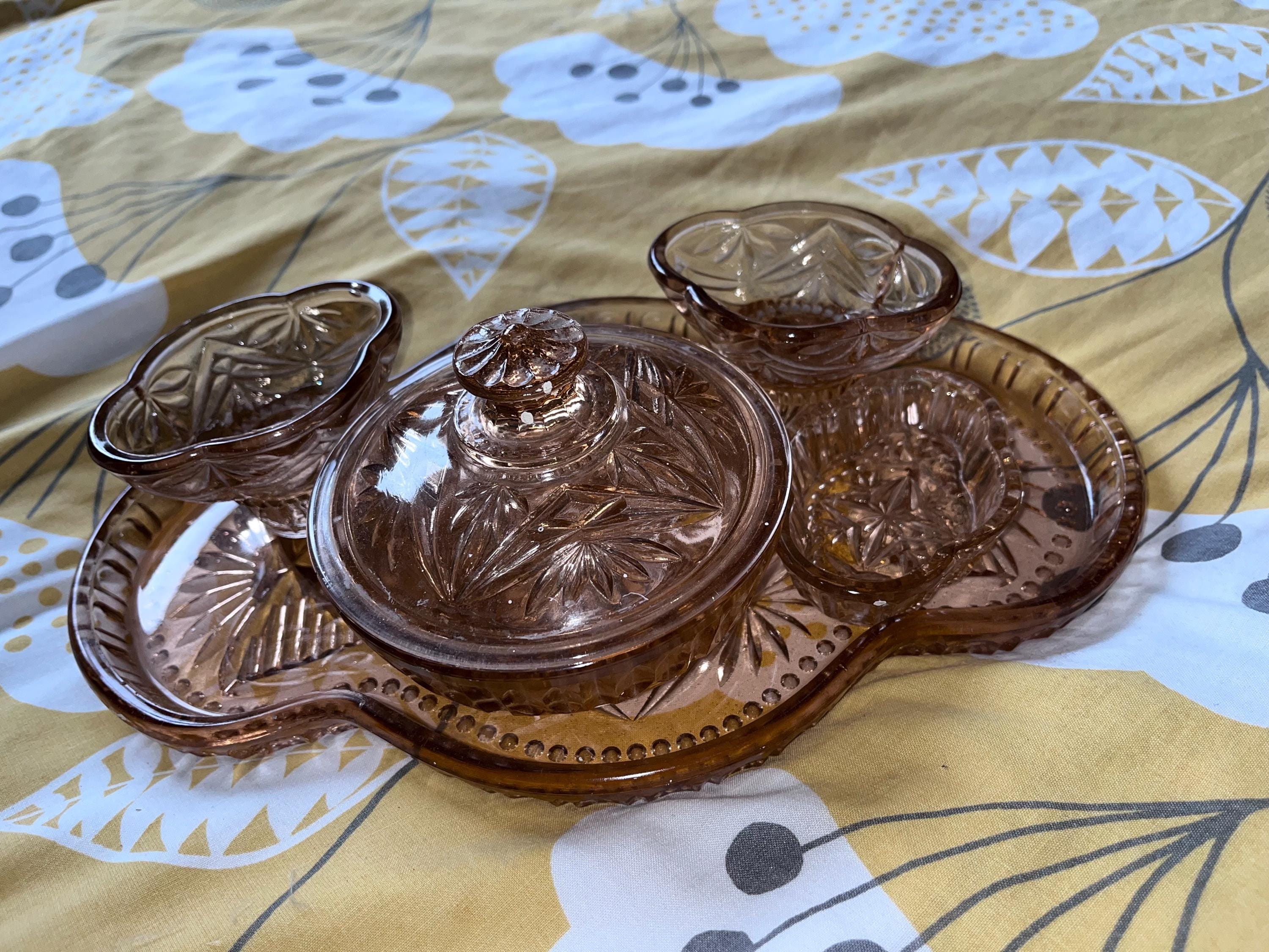 vintage pink glass dressing table set Kitten
