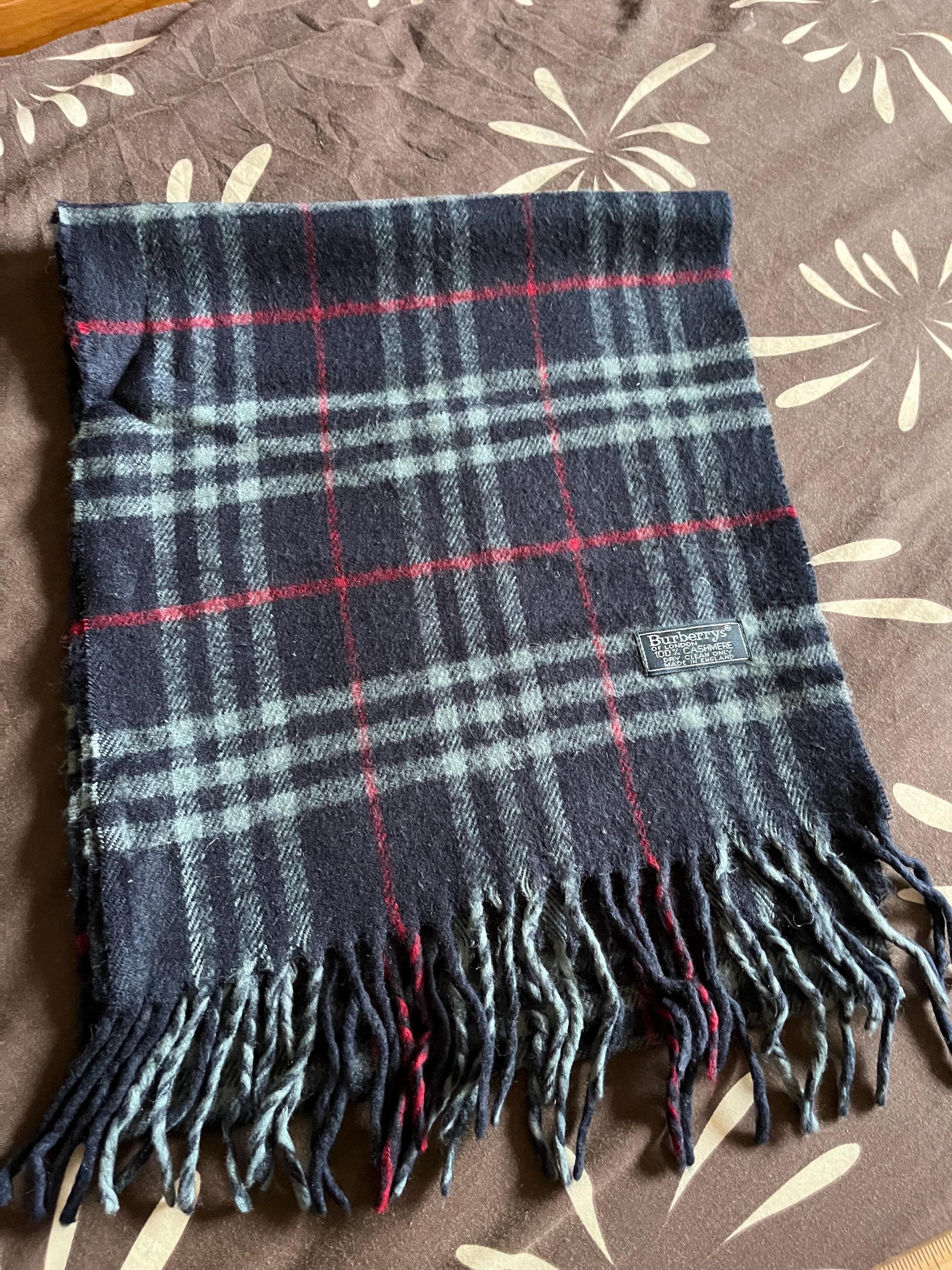 Vintage Burberrys of London Cashmere Scarf, Navy Blue Tartan, Made