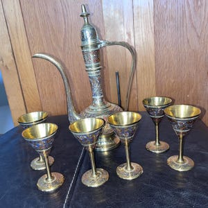 Vintage Brass Turkish Arabic Dallah Goblet coffee pot and Cups Set brass gold metal 6 cups